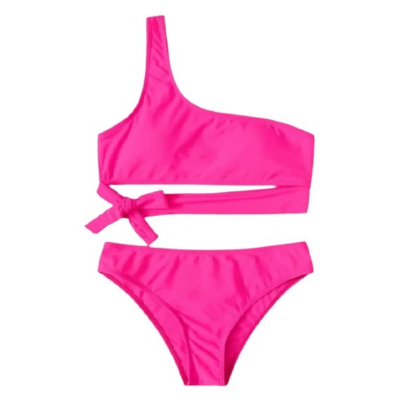 Neon Pink Tie Front One Shoulder Bikini NWOT - Picture 1 of 3